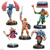 Collection of miniature figurines from 'Masters of the Universe Battleground' on a white background.