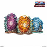 Colorful swirling gate-like structures with 'Masters of the Universe Battleground' branding.