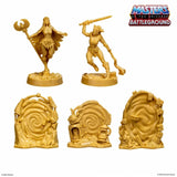 Toy figures and structures from 'Masters of the Universe Battleground' on a white background with the brand logo.