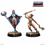 Two figurines from 'Masters of the Universe Battleground' on a white background with the Masters of the Universe logo.