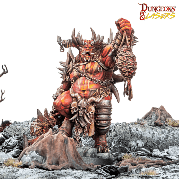 Stylized fantasy warrior figure with armor and weapons on a rocky terrain, featuring 'Dungeons & Lasers' logo.