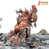 Stylized fantasy warrior figure with armor and weapons on a rocky terrain, featuring 'Dungeons & Lasers' logo.