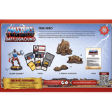 Masters of the Universe Battleground game box with figurine, cards, and accessories on a blue and red background.