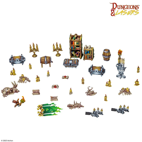 Collection of miniature game pieces with 'Dungeons & Lasers' logo on a white background