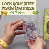 Hands holding a clear maze with a £50 banknote inside, against a gray background with promotional text.