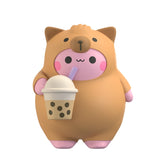 Cartoon character in a bear costume holding a bubble tea on a white background