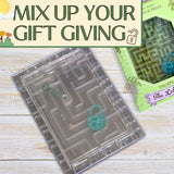 Clear maze-shaped gift box with lock design on a wooden surface, promotional text above.