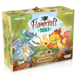Board game box for 'Flamecraft Duals' with two dragons around a campfire on a white background