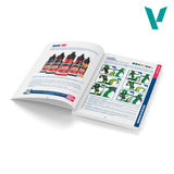 Open book with product descriptions and illustrations on a white background