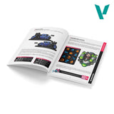 Open book with technical illustrations and text on a white background