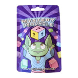 Mystery dice bundle packaging with cartoon character and dice on a purple background