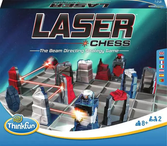 Board game box for 'Laser Chess' by ThinkFun with laser beams and robot pieces.