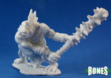 White fantasy figurine with a weapon on a blue background, featuring the 'BONES' logo.