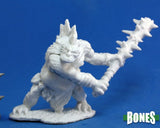 White fantasy figurine with a weapon on a blue background, featuring the 'BONES' logo.