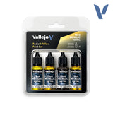 Vallejo V True Metallic Metal Radiant Yellow Paint Set in a clear blister pack containing four small paint bottles with black caps on a white background.