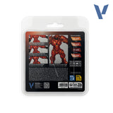 Acrylic paints kit in its original blister packaging, showing the back of the card with product details, instructions, and color charts for a red armored robot figure.