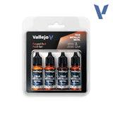 Vallejo True Metallic Metal Forged Red Paint Set in a clear blister pack containing four small paint bottles with black caps on a white background.