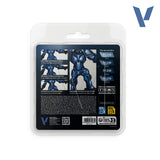 Back of a packaged model kit blister card showing product contents, instructions, and a blue armored robot illustration on a white background.