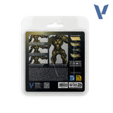 Acrylic Paints by Visual Design 'The Set Centurion' model kit in its original blister packaging, showing the back of the card with product details, instructions, and a large illustration of the gold-colored mecha figure.