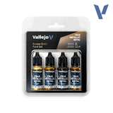 Vallejo True Metallic Metal Arcana Gold Paint Set in a clear blister pack containing four small bottles of metallic gold paint.