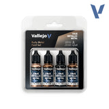 Vallejo True Metallic Metal Rusty Metal Paint Set in a clear blister pack containing four small paint bottles with black caps on a white background.