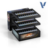 Set of Vallejo paint bottles in a black box on a white background