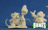 Unpainted miniature figures of a mice figures on a blue background with 'BONES' branding.
