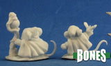 Two white mouse-like figurines with a bee on a blue background, featuring the 'Bones' brand.