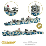 Model of a German Kriegsmarine Fleet ship with detailed cannons and camouflage pattern, featuring the brand 'Cruel Seas'.