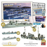 Model kit of a German Kriegsmarine fleet with packaging and accessories displayed.