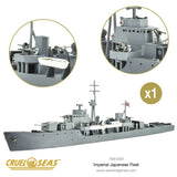 Model of a warship with close-up details on a white background, featuring the brand 'Cruel Seas'.