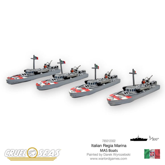 Model Italian Regia Marina MAS boats on a white background with Cruel Seas branding.