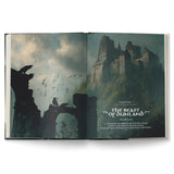 Open book showing a dark fantasy scene with a castle and dragon silhouette.