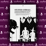 Book page of 'Stuffed Animals' with black and white illustrations on a purple background with Soulmuppet Publishing logo.