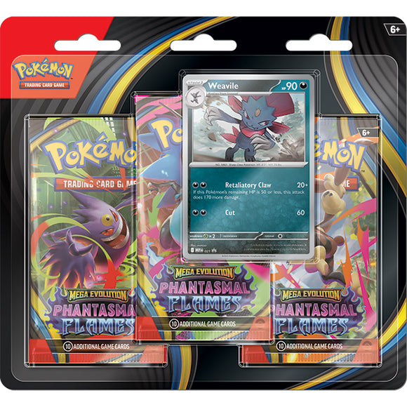 Pokémon trading card game pack with Weavile card and Phantasmal Flames cards.