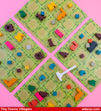 Colorful toy building blocks on a pink background with 'Tiny Towns: Villagers' branding.