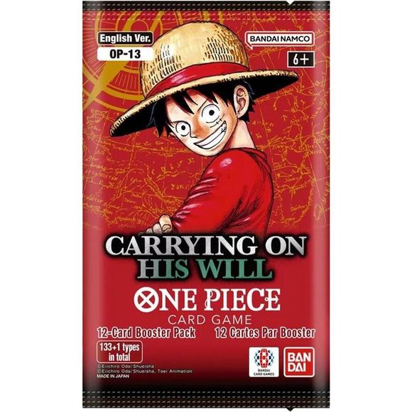 One Piece card game booster pack with character design on red background