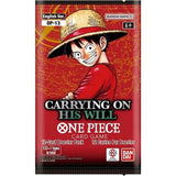 One Piece card game booster pack with character design on red background