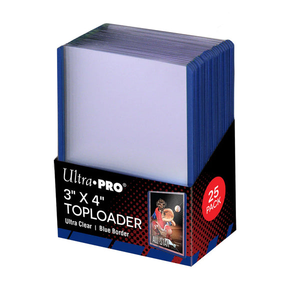 Box of Ultra Pro 3x4 toploaders with blue border on a white background