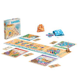 Board game set up with pieces and cards on a white background, featuring the brand 'Sanibel'.