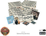 Collection of German Army tank force components from Bolt Action game on a white background