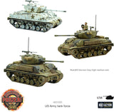 Model tanks from the US Army tank force with Warlord Games and Bolt Action branding.