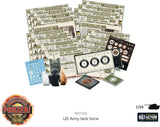Collection of military-themed game components including cards, dice, and figurines on a white background.