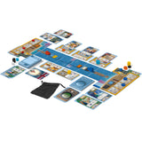 Board game with cards and pieces on a white background