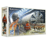 Board game box for '1987 Channel Tunnel' featuring construction workers and tunnel imagery.