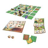 Board game setup with pieces, cards, and dice on a white background