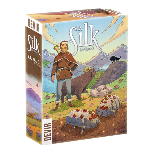 Board game box for 'Silk' by Devir with a character and goats illustration on a mountainous landscape.
