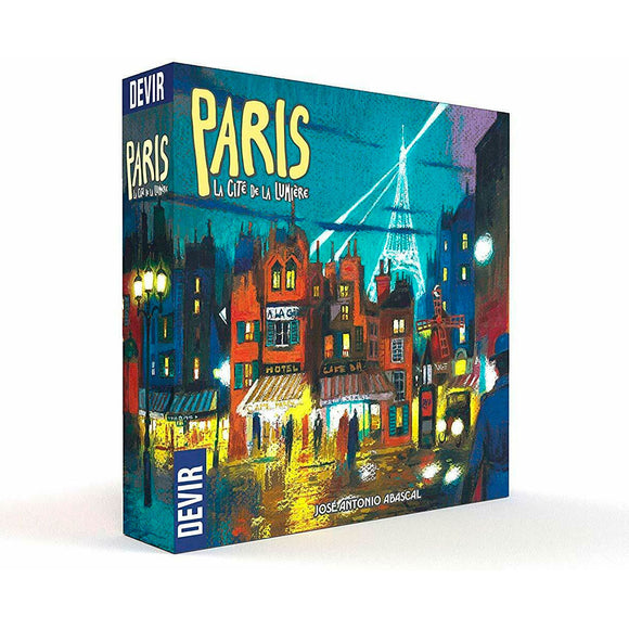 Board game box titled 'Paris' with colorful cityscape illustration on a white background