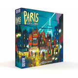 Board game box titled 'Paris' with colorful cityscape illustration on a white background