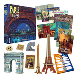 Paris-themed board game set with Eiffel Tower and other landmarks on a white background